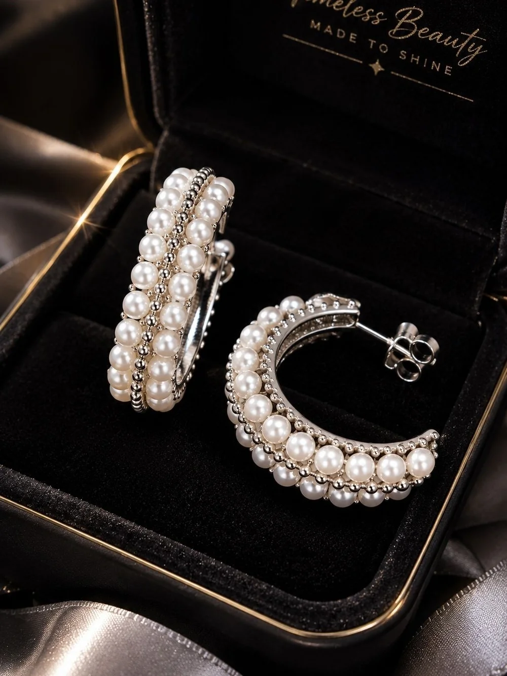 Silver Hoop Earrings with White Pearls